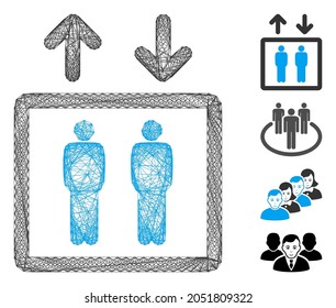 Vector wire frame human elevator. Geometric wire frame 2D network generated with human elevator icon, designed with crossing lines. Some bonus icons are added.