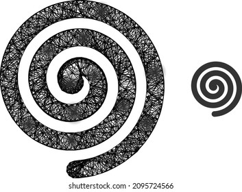 Icono de espiral hipnosis del marco del vector con manchas. Red 2D de marco geométrico de alambre basado en un icono de espiral hipnosis, generado con líneas cruzadas, con manchas redondas.