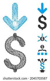 Vector wire frame income dollar. Geometric wire frame 2D network made from income dollar icon, designed from crossed lines. Some bonus icons are added.