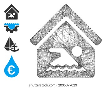 Vectordrahmen Innenwasserpool. Geometrisches Drahtgitter 2D-Netz aus Innenwasserpool-Symbol, entworfen aus Kreuzlinien. Es werden einige Bonussymbole hinzugefügt.
