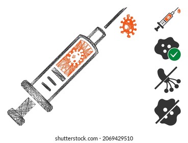 Vector wire frame infection injection. Geometric wire carcass 2D net generated with infection injection icon, designed with intersected lines. Some bonus icons are added.
