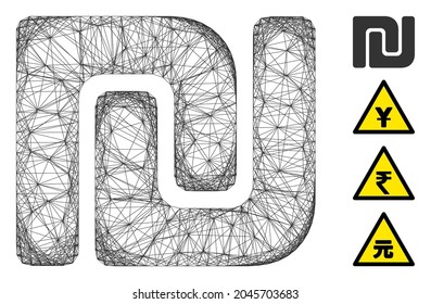Vector wire frame Israeli Shekel. Geometric wire frame 2D network generated with Israeli Shekel icon, designed with crossing lines. Some bonus icons are added.