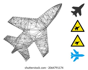 Vector wire frame jet fighter. Geometric wire frame flat net generated with jet fighter icon, designed with crossing lines. Some bonus icons are added.