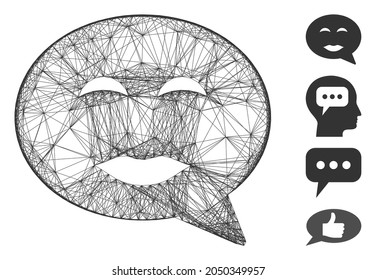 Vector wire frame lady pleasure smiley message. Geometric hatched frame flat network made from lady pleasure smiley message icon, designed from crossed lines. Some additional icons are added.