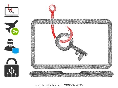Vector wire frame laptop key phishing. Geometric wire frame flat network generated with laptop key phishing icon, designed with crossing lines. Some bonus icons are added.