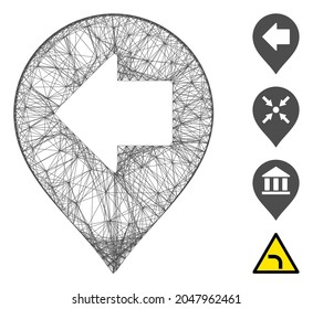 Vector wire frame left arrow marker. Geometric wire frame flat network generated with left arrow marker icon, designed with crossing lines. Some bonus icons are added.