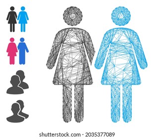 Vector wire frame lesbi couple. Geometric hatched frame flat net generated with lesbi couple icon, designed with intersected lines. Some bonus icons are added.