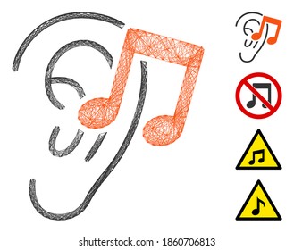 Vector wire frame listen music. Geometric wire frame 2D network made from listen music icon, designed from crossing lines. Some bonus icons are added.