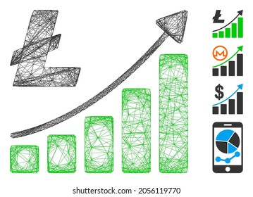 Vector wire frame Litecoin growth trend. Geometric wire frame flat network made from Litecoin growth trend icon, designed from intersected lines. Some bonus icons are added.