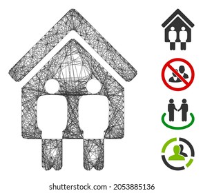 Vector wire frame living persons. Geometric hatched frame 2D network generated with living persons icon, designed with crossed lines. Some additional icons are added.
