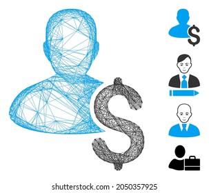 Vector wire frame loan person. Geometric wire frame 2D network generated with loan person icon, designed with crossing lines. Some additional icons are added.