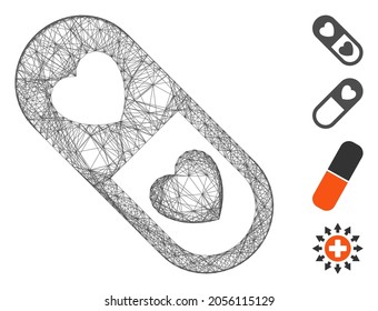 Píldora de amor del marco de alambre de vectores. Red plana con marco de alambre geométrico hecha de icono de la píldora de amor, diseñada a partir de líneas cruzadas. Se añaden algunos iconos adicionales.