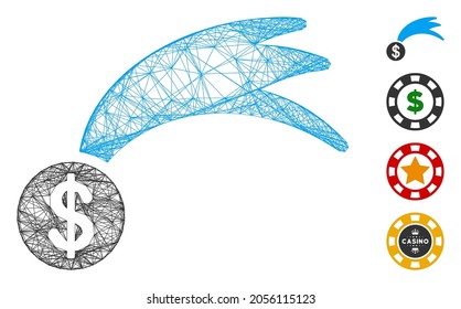Vector wire frame lucky falling dollar. Geometric wire frame flat network made from lucky falling dollar icon, designed with intersected lines. Some bonus icons are added.