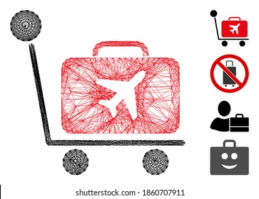 Vector wire frame luggage trolley. Geometric wire frame 2D net generated with luggage trolley icon, designed with intersected lines. Some bonus icons are added.