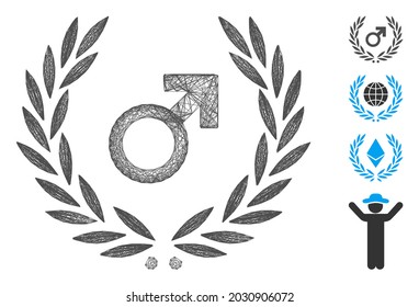Vector wire frame male symbol laurel wreath. Geometric wire frame 2D net made from male symbol laurel wreath icon, designed from crossing lines. Some bonus icons are added.