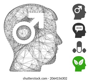 Cabezal del símbolo masculino del marco del cable del vector. Red plana de marco lineal geométrica hecha de un icono de cabeza de símbolo masculino, diseñada a partir de líneas interseccionadas. Se añaden algunos iconos adicionales.