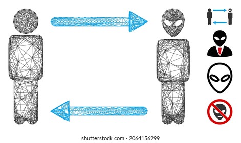 Vector wire frame man exchange alien. Geometric linear frame 2D network generated with man exchange alien icon, designed with crossing lines. Some bonus icons are added.
