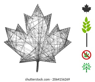 Ahornblatt für Vektordrahmen. Geometrisches Drahtnetz 2D, hergestellt aus Ahornblattsymbol, entworfen aus gekreuzten Linien. Es werden einige Bonussymbole hinzugefügt.