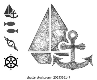 Vector wire frame marine. Geometric wire frame 2D network made from marine icon, designed with crossed lines. Some bonus icons are added.