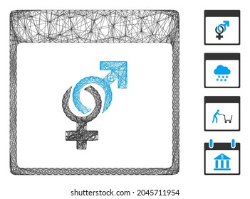 Vector wire frame marriage calendar page. Geometric hatched frame flat net generated with marriage calendar page icon, designed with crossing lines. Some bonus icons are added.