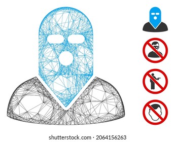 Vector wire frame masked killer. Geometric wire frame 2D net generated with masked killer icon, designed from crossed lines. Some bonus icons are added.