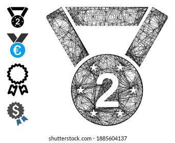 Vector wire frame medal second. Geometric wire frame 2D net made from medal second icon, designed from crossing lines. Some bonus icons are added.