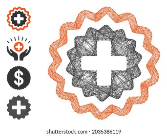 Sello médico de la cruz del marco de alambre de vectores. Red plana de estructura geométrica de alambre basada en el icono de la cruz médica, diseñada a partir de líneas interconectadas. Se añaden algunos iconos adicionales.