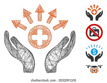 Vektor-Draht umrahmt medizinische Verteilungshandlungen Hände. Geometrisches Drahtnetz 2D Netzwerk basierend auf dem Handsymbol für medizinische Verteilung, konstruiert mit Übergängen. Es werden einige Bonussymbole hinzugefügt.