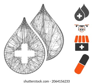 Vector wire frame medical drops. Geometric hatched frame flat net made from medical drops icon, designed from intersected lines. Some bonus icons are added.
