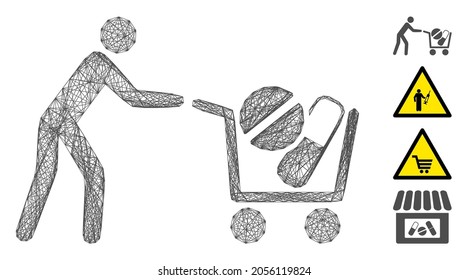 Vector wire frame medical drugs buyer cart. Geometric wire carcass flat network made from medical drugs buyer cart icon, designed from intersected lines. Some bonus icons are added.