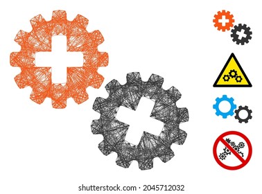 Vector wire frame medical gears. Geometric hatched frame flat net made from medical gears icon, designed from intersected lines. Some bonus icons are added.