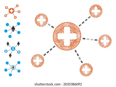 Relaciones médicas con el marco de alambre de vectores. Marco lineal geométrico de red 2D generado con el icono de relaciones médicas, diseñado con líneas de cruce. Se añaden algunos iconos adicionales.