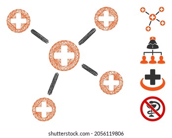 Vector wire frame medicine links. Geometric hatched frame 2D network made from medicine links icon, designed with intersected lines. Some bonus icons are added.