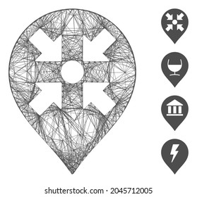 Vector wire frame meeting point marker. Geometric hatched frame 2D net generated with meeting point marker icon, designed with intersected lines. Some bonus icons are added.