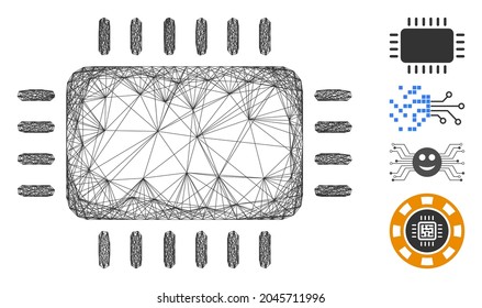 Vector wire frame microchip. Geometric linear frame 2D network generated with microchip icon, designed with crossing lines. Some bonus icons are added.