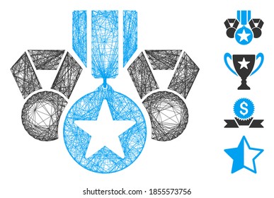 Vector wire frame military awards. Geometric wire frame 2D net generated with military awards icon, designed from intersected lines. Some bonus icons are added.