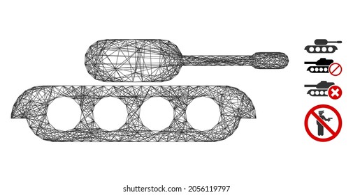 Tanque militar del bastidor del vector. Red 2D de marco con trama geométrica generada con un icono de tanque militar, diseñado con líneas cruzadas. Se añaden algunos iconos adicionales.