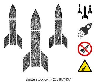 Misiles de alambre de vectores. Red 2D de marco con trama geométrica generada con un icono de misiles, diseñado con líneas cruzadas. Se agregan algunos iconos adicionales.