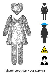 Vector wire frame mistress. Geometric wire carcass 2D network generated with mistress icon, designed with crossed lines. Some bonus icons are added.