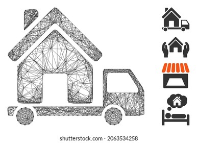 Vector wire frame mobile house. Geometric wire frame flat network made from mobile house icon, designed from crossing lines. Some bonus icons are added.