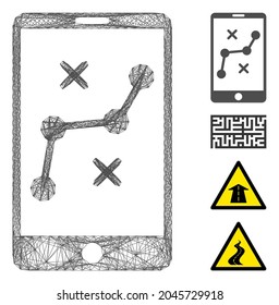 Vector wire frame mobile navigation route. Geometric linear frame flat network generated with mobile navigation route icon, designed with crossing lines. Some bonus icons are added.