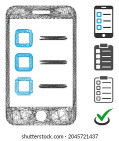 Vector wire frame mobile test. Geometric linear frame flat net generated with mobile test icon, designed with intersected lines. Some bonus icons are added.