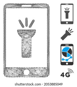 Vector wire frame mobile torch app. Geometric hatched frame flat network made from mobile torch app icon, designed from intersected lines. Some additional icons are added.