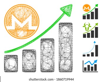 Vector wire frame Monero growth graph. Geometric wire frame flat network generated with Monero growth graph icon, designed with crossed lines. Some bonus icons are added.