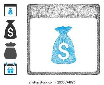 Vector wire frame money bag calendar page. Geometric wire frame 2D network based on money bag calendar page icon, designed with intersected lines. Some bonus icons are added.