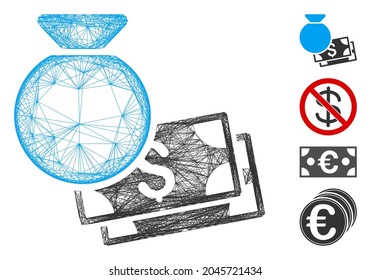Bolsa de dinero del marco del vector. Red plana geométrica de alambre basada en el icono de la bolsa de dinero, diseñada a partir de líneas interconectadas. Se añaden algunos iconos adicionales.