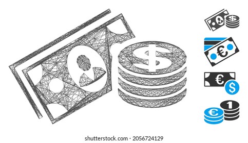 Vector wire frame money cash. Geometric wire carcass 2D network made from money cash icon, designed from crossed lines. Some bonus icons are added.