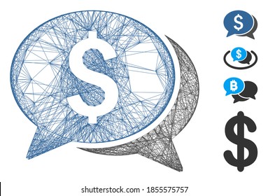 Vector wire frame money chat. Geometric wire carcass 2D network generated with money chat icon, designed with crossed lines. Some bonus icons are added.