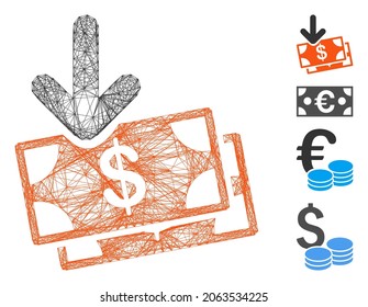 Vector wire frame money income. Geometric wire frame 2D network generated with money income icon, designed from crossing lines. Some bonus icons are added.