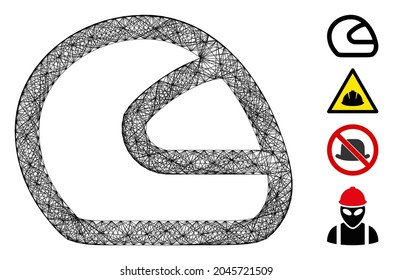 Motorradhelm mit Vektor-Drahtrahmen. Geometrisches Drahtflachnetz aus Motorradhelm-Symbol, konstruiert mit Schnittlinien. Es werden einige Bonussymbole hinzugefügt.